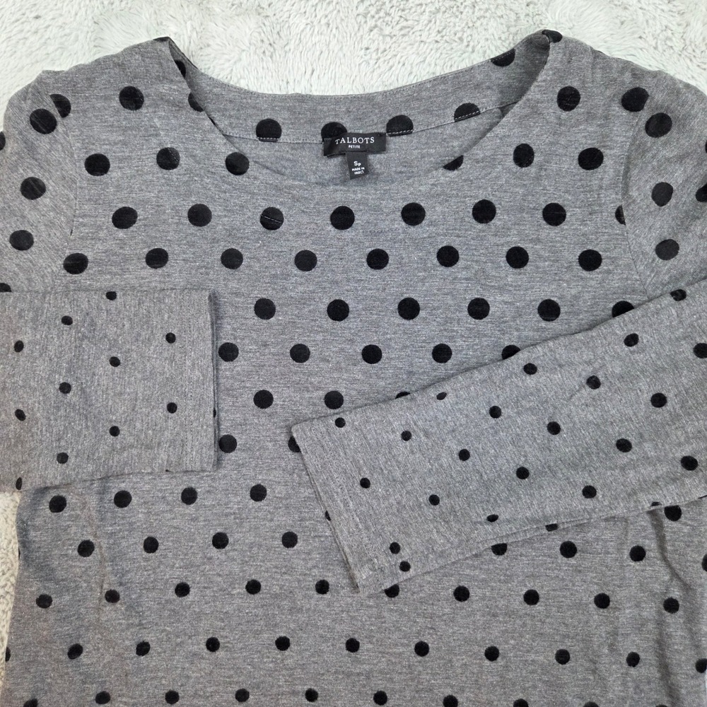 Talbots Polka Dot Top Womens SP Flocked Velvet Dot Long Sleeve Crew Neck Gray
